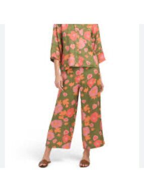Magaschoni Small Linen Floral Pant Wide Leg Crop Travel Lightweight